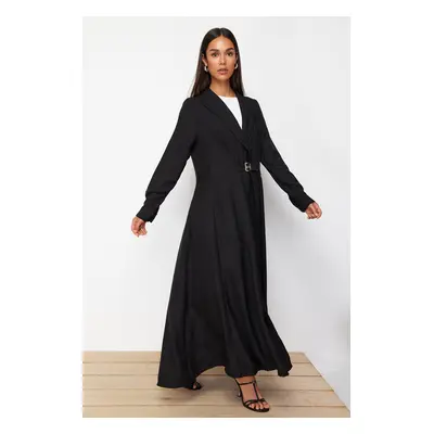 Trendyol Black Linen Look Woven Dress with Belt Detail on the Front