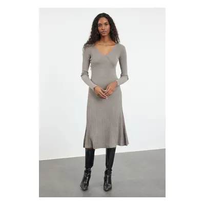 Trendyol Beige Midi Knitwear Dress with Frilled Hem