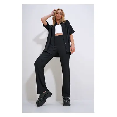 Trend Alaçatı Stili Women's Black Boy Friend Shirt and High Waist Trousers Wrap Suit