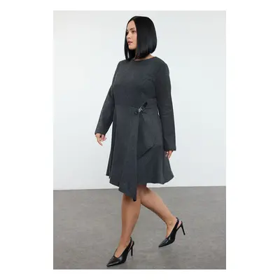 Trendyol Curve Anthracite Tweed Buckle Accessory Long Sleeve Woven Plus Size Dress