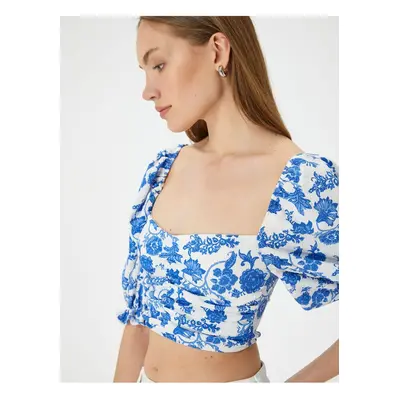 Koton Crop Floral Blouse Square Neck Balloon Sleeves