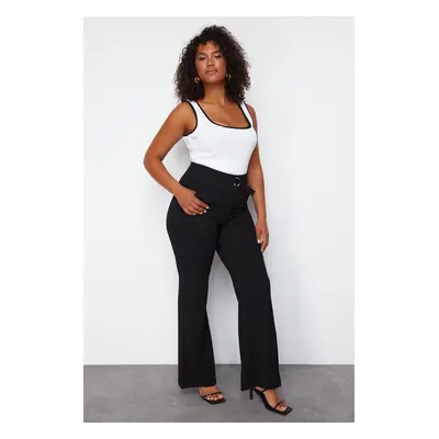 Trendyol Curve Black Waist Belt Detailed High Waist Flare Knit Plus Size Trousers