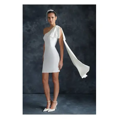 Trendyol Bridal White Pearl Detailed Bow Woven Short Wedding/Wedding Elegant Evening Dress