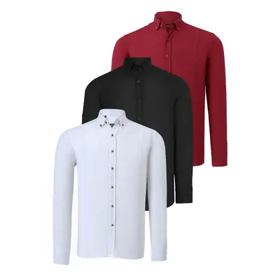 TRIPLE SET G721 DEWBERRY MEN'S SHIRT-BLACK-WHITE-BURGUNDY