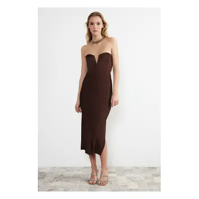 Trendyol Brown Pleated Knitted Dress