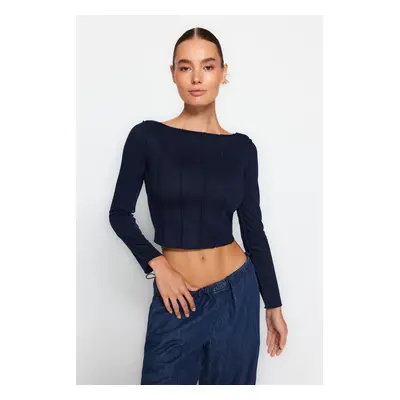 Trendyol Navy Blue Stitching Detailed Carmen Collar Fitted Blouse