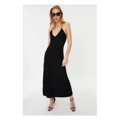 Trendyol Black Ribbed Barter Neck Bodycone/Fitting Maxi Stretch Knitted Pencil Dress