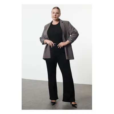 Trendyol Curve Anthracite Zebra Patterned Lined Woven Plus Size Jacket