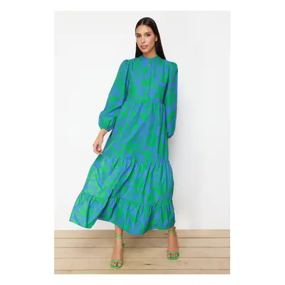 Trendyol Blue Patterned Half Placket Wide Fit Cotton Woven Dress