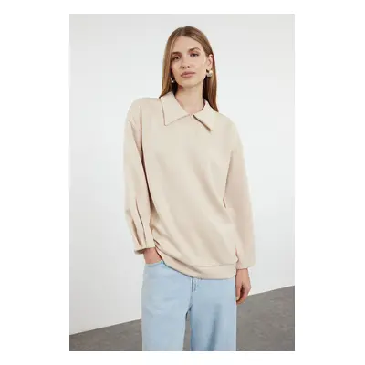 Trendyol Beige Oversize Diver/Scuba Knitted Sweatshirt Tunic