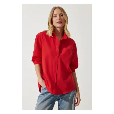 Happiness İstanbul Women's Red Balloon Sleeve Poplin Shirt