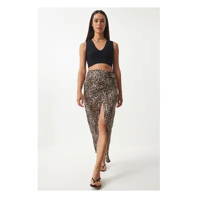 Happiness İstanbul Women's Black Beige Leopard Patterned Slit Midi Knitted Skirt