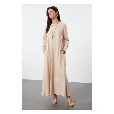 Trendyol Beige Oversize Knitted Pocket Detailed Cotton Jersey Dress