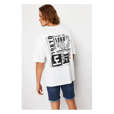 Trendyol Ecru Oversize/Wide Cut Far East Printed Short Sleeve 100% T-Shirt