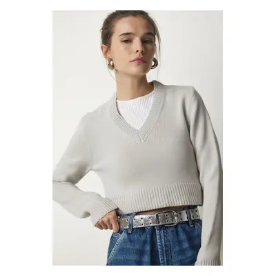 Happiness İstanbul Women's Stone V-Neck Crop Knitwear Sweater