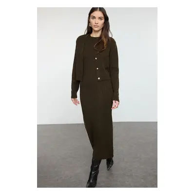 Trendyol Dark Khaki Corduroy Soft Texture Knitted Dress Cardigan Set