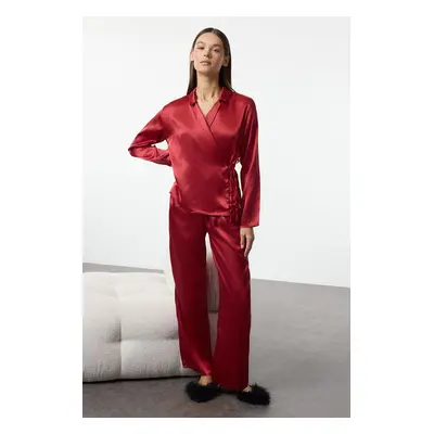 Trendyol Burgundy Tie Detailed Satin Woven Pajama Set