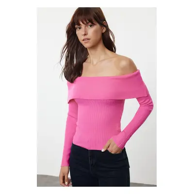 Trendyol Pink Premium Yarn/Special Yarn Carmen Collar Knitwear Sweater