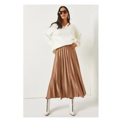 Olalook Milk Brown Leather Look A-Line Pleat Skirt