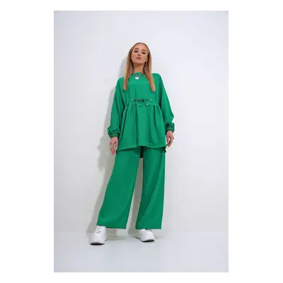 Trend Alaçatı Stili Women's Emerald Green Crew Neck Self-Belt Palazzo Trousers Tunic Suit