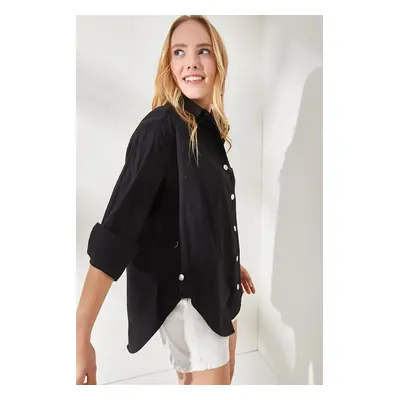 Olalook Women's Black Button Detailed Oversize Woven Shirt