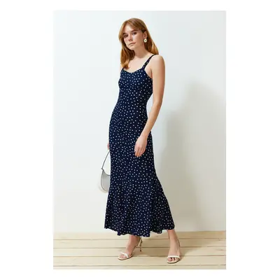 Trendyol Navy Blue Patterned Strappy Fitted Ribbed Flexible Knitted Maxi Pencil Dress