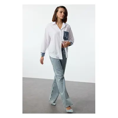 Trendyol Ecru Pocket and Cuff Denim Detailed Oversize Wide Fit Shirt