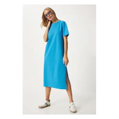 Happiness İstanbul Women's Blue Cotton Summer Casual Combed Dress