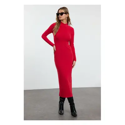 Trendyol Red Stand Collar Fitted/Fits Body Maxi Stretch Knit Dress