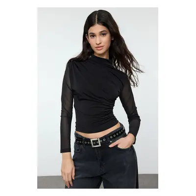 Trendyol Black Fitted/Fits the Body Tulle Sleeve Stand Collar Flexible Knitted Blouse