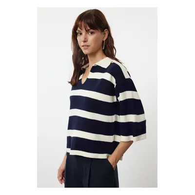 Trendyol Cream Polo Collar Basic Striped Knitwear Sweater