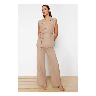 Trendyol Dark Beige Double Breasted Tied Woven Blouse-Pants Set