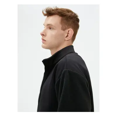 Koton Plush Sweatshirt with Zipper Stand Collar Pocket Detail