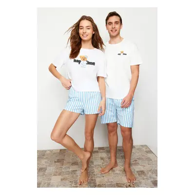 Trendyol Blue Ecru Striped Regular Fit Couple/Double Knitted Shorts 100% Cotton Pajama Set