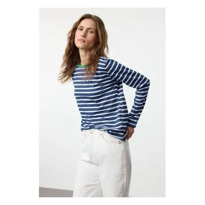 Trendyol Saxon-Ecru Striped Collar Colorful Ribbed Striped Basic Knitted T-Shirt