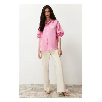 Trendyol Pink Balloon Sleeve Label Detailed Oversize Wide Fit Woven Shirt