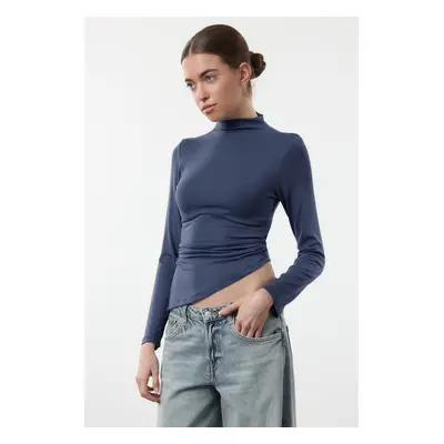 Trendyol Indigo Fitted Gather/Drape Detail Stand Collar Knitted Blouse