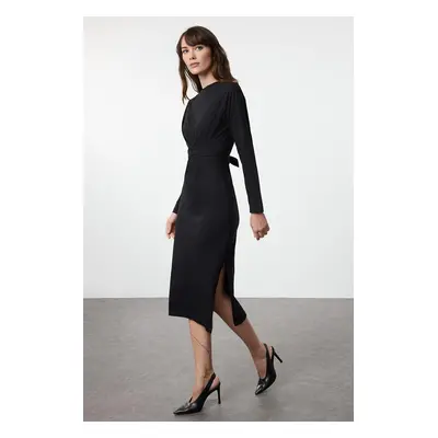 Trendyol Black 100% Cotton Tie Detailed Bodycon Midi Knit Dress