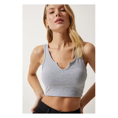 Happiness İstanbul Women's Gray Strappy Crop Knitted Blouse