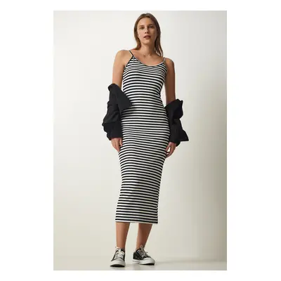 Happiness İstanbul Women's Black and White Strappy Ribbed Pencil Dress