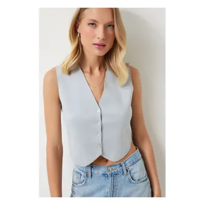 Happiness İstanbul Women's Stone Gray V-Neck Buttoned Summer Knitwear Vest