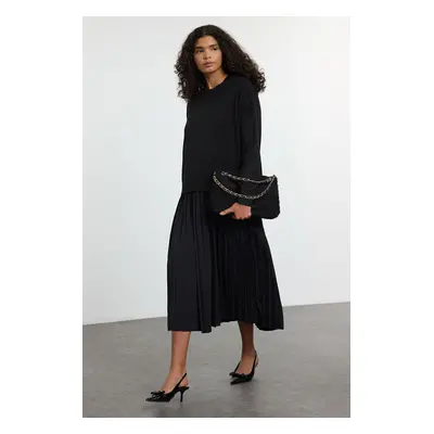 Trendyol Black Knitted Sweater Pleated Skirted Midi Dress