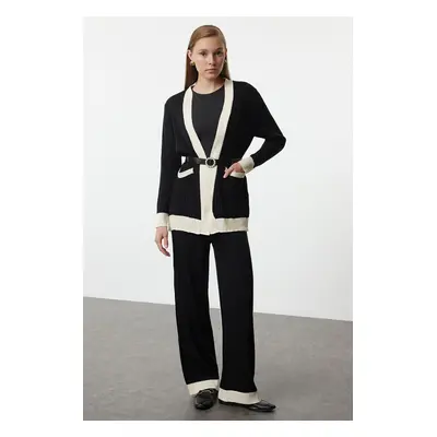 Trendyol Black Ribbed Knitted Sweater Cardigan Trousers Top-Bottom Set