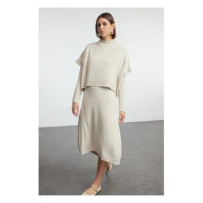 Trendyol Beige Wide Cut Midi Knit Sweater Dress