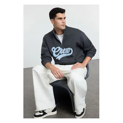 Trendyol Grey Stand Collar Oversize/Wide Cut Stand Collar Zippered Text Embroidered Sweatshirt