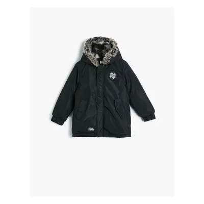 Koton Long Puffer Jacket Faux Für Detailed Hooded Zippered Pocket