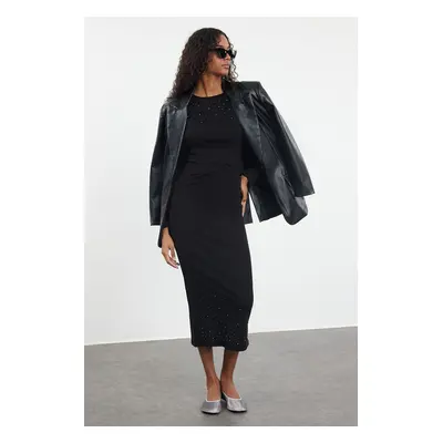 Trendyol Black Stone Detailed Slim/Fits the Body Midi Knitted Blouse/Skirt Top-Bottom Set