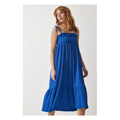 Happiness İstanbul Women's Blue Strappy Crinkle Summer Knitted Dress