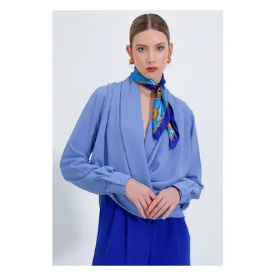 Bigdart Women's Blue Double Breasted Collar Flowing Satin Blouse