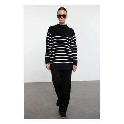 Trendyol Black Stone Striped Ribbed/Ribbed Knitwear Bottom-Top Set